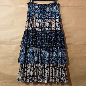 Figue | Antoinette Midi Skirt Silk Mixed Print Batik Tiered Button Front Size 6